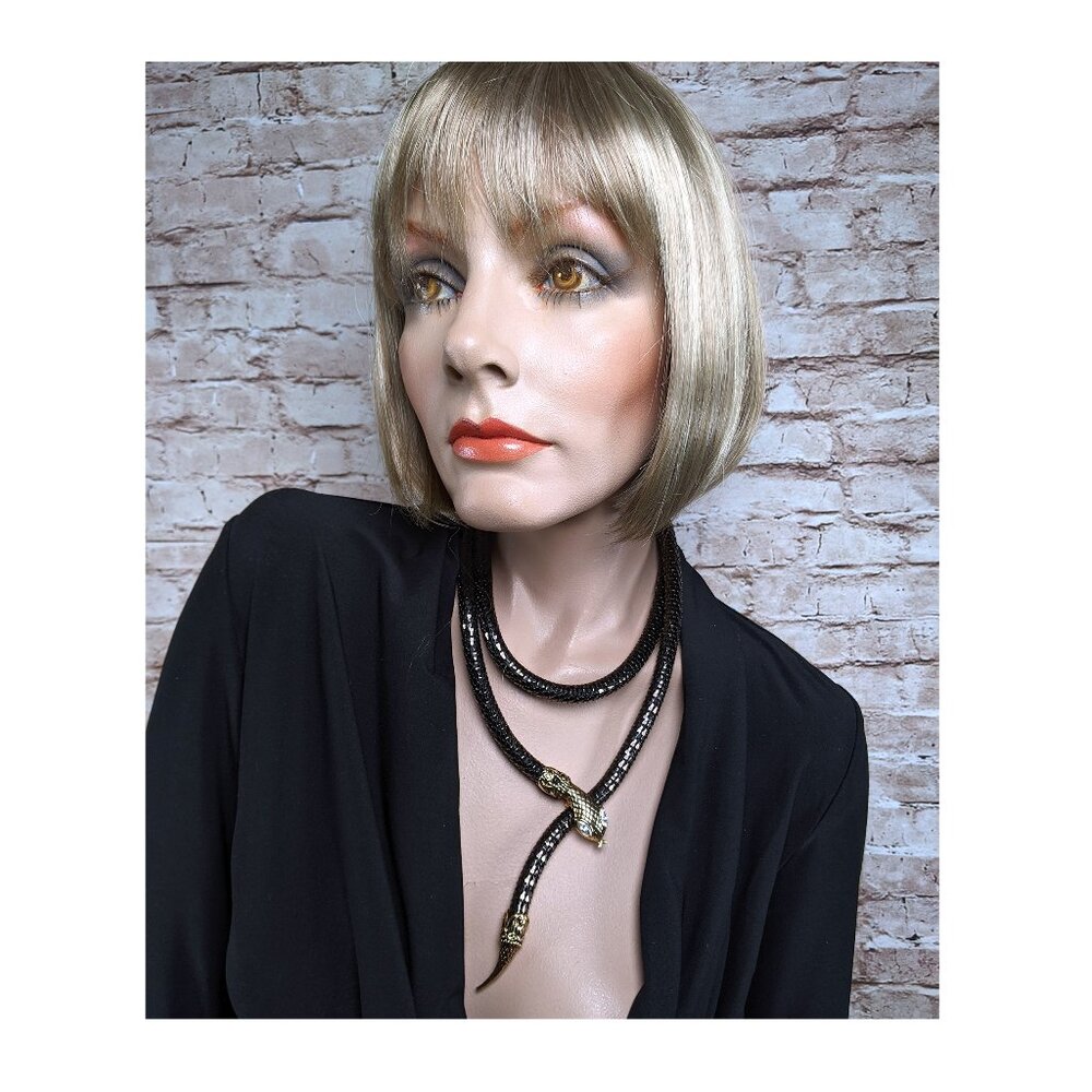 Vintage Signed DL Auld Co. Gold Snake Head & Tail Black  Mesh Necklace 1980's